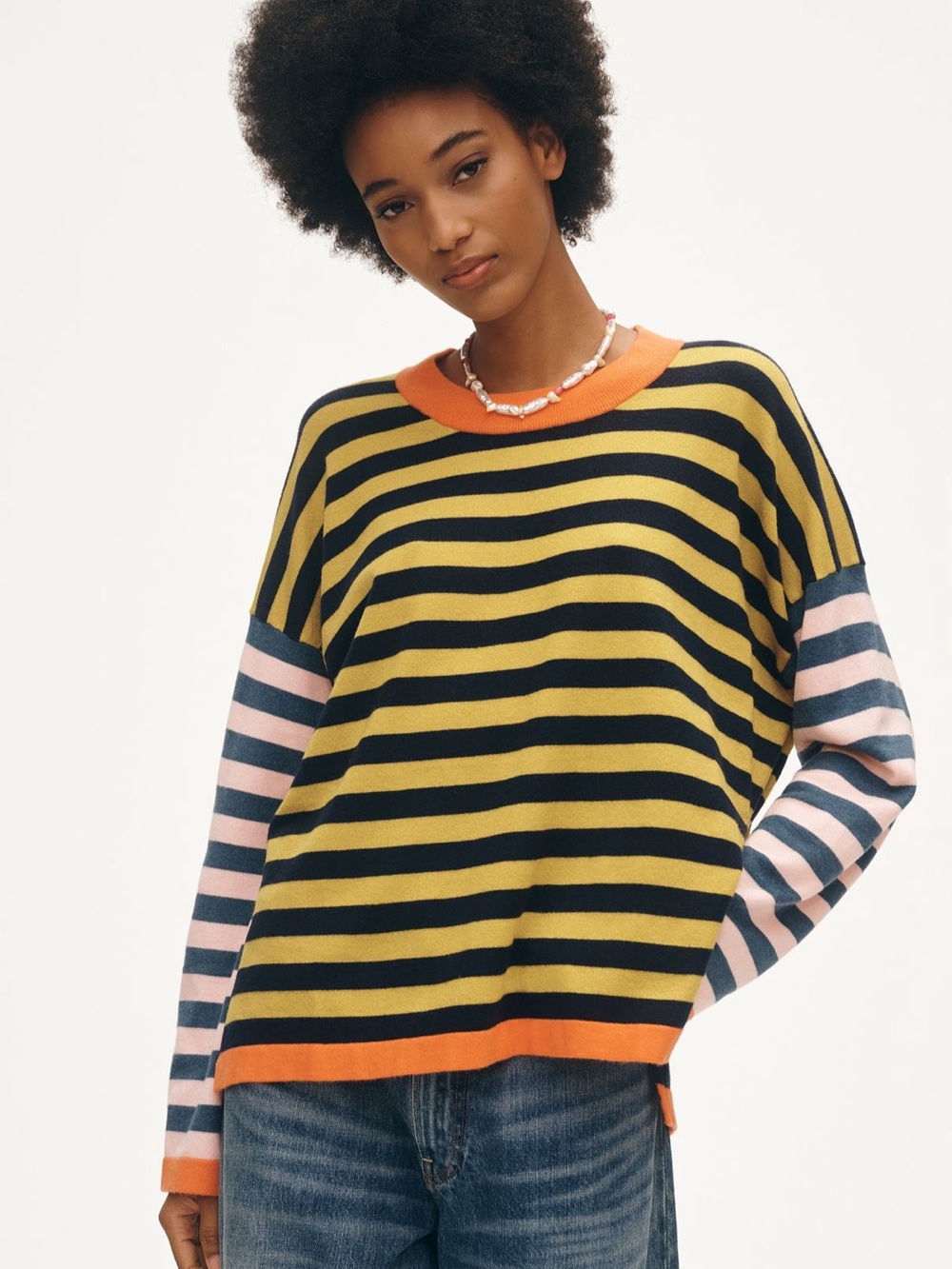 FRNCH Striped Crewneck Sweater in Yellow, Black, Pink & Orange